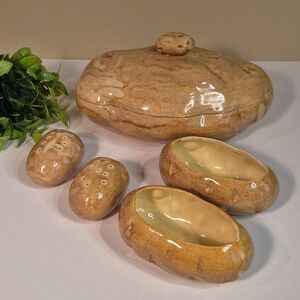 RUSTIC Handpainted Ceramic Baked Potato Serving Set With Salt and Pepper Shakers